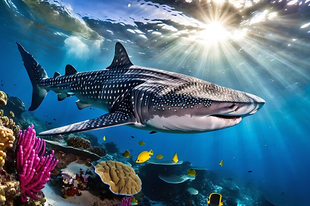 Whaleshark in the sunlit coral reef