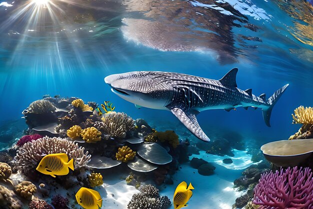 Whaleshark in the sunlit coral reef