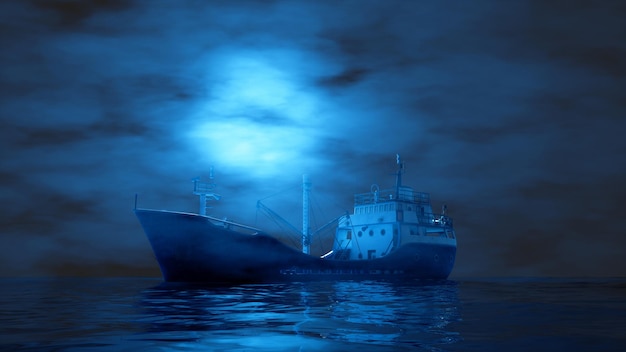 Photo whaling ship sailing in the fog in blue lighting