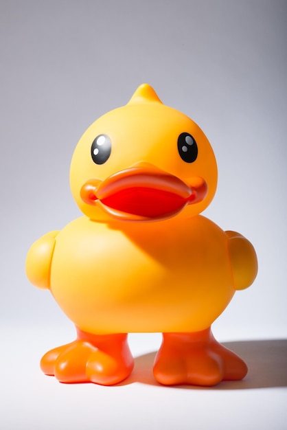 Photo what does the duck say. shot of a rubber duck against a studio background.