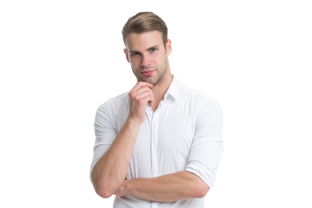 What if Man with bristle serious face thinking white background Guy bearded thoughtful touches bristle on chin Thoughtful mood concept Man with beard or unshaven guy thinking about Need to think