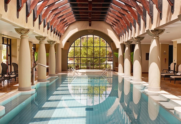 What a perfectly placid pool Shot of an indoor swimming pool at a health spa