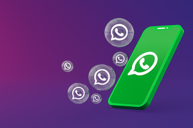 Whatapps icon on screen smartphone or mobile phone 3d render on purple background