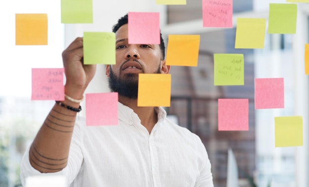 Whats holding you back from thinking bigger Shot of a young businessman brainstorming with sticky notes on a glass wall in an office