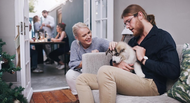 Whats this little guys name Shot of young friends petting an adorable husky puppy during a Christmas party at home