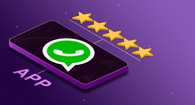 Whatsapp application logo on the phone with a fivestar rating 3d