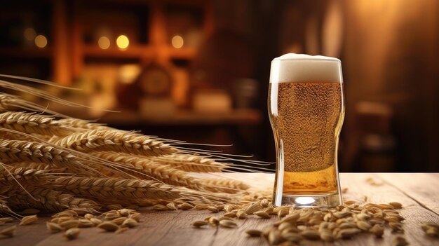 Wheat and barley ingredients of beer in front of a glass of beer Generative AI