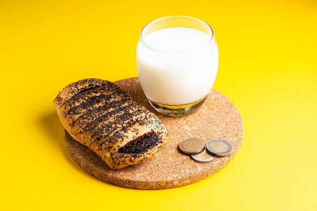 Wheat bread breakfast and milk in morning croissant plate