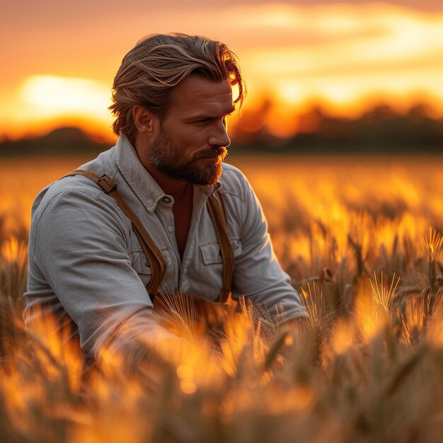 Photo wheat crop harvest time an farmer in the field