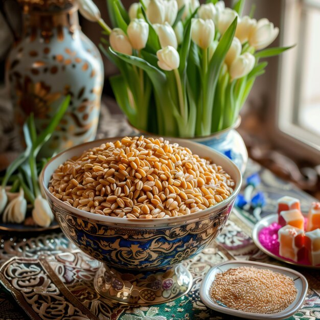 Wheat in a dish and sweets on the table