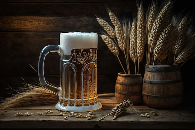 Wheat ears and a beer mug on a wooden table