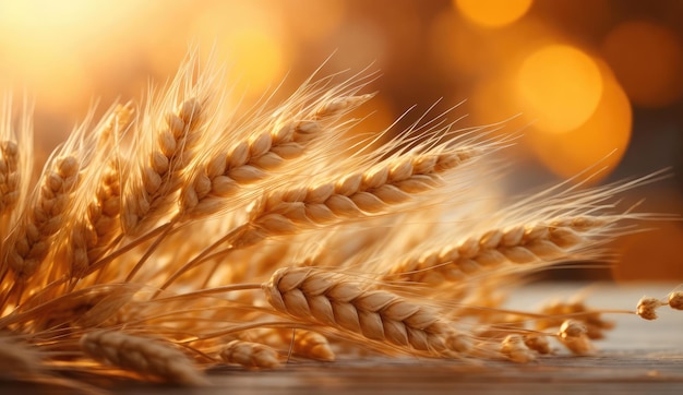 Wheat ears on the field Close up photo on a bokeh background Concept of harvest farm product