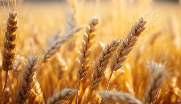 Wheat ears on the field Close up photo on a bokeh background Concept of harvest farm product