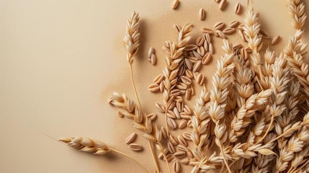 Wheat ears and grains on a beige background