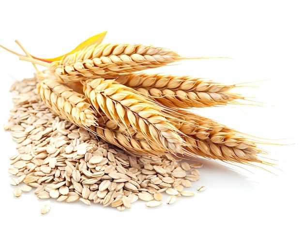 Wheat ears and oat grains isolated on white background