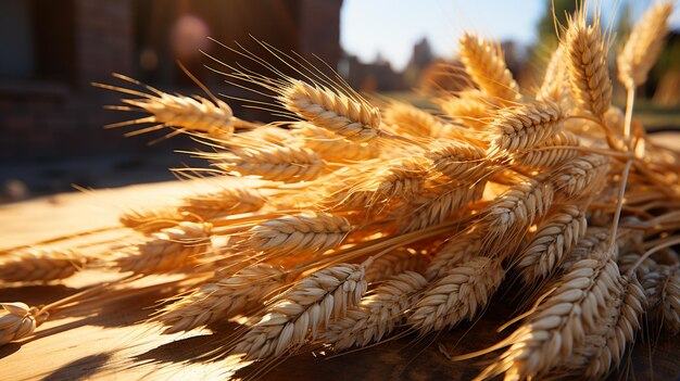 Wheat ears on the table closeup Harvesting conceptgenerative ai