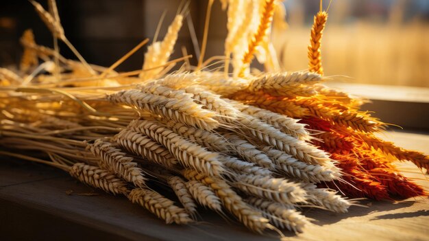 Photo wheat ears on a table with a basket of wheat.