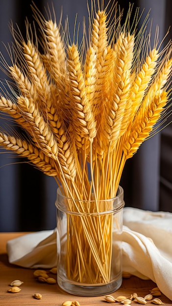 Wheat ears in a vase on the table vertical frame idea for a banner or background about the harvest