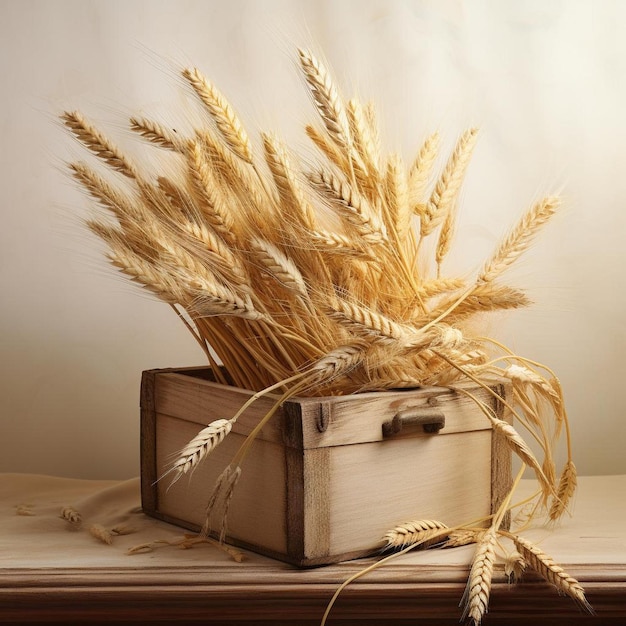 wheat ears in a white wooden bo