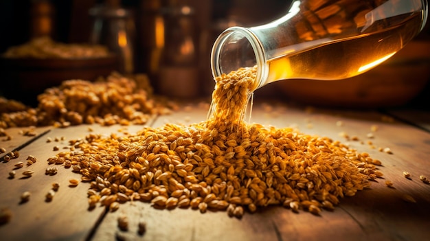 Wheat ears with grains on wooden background