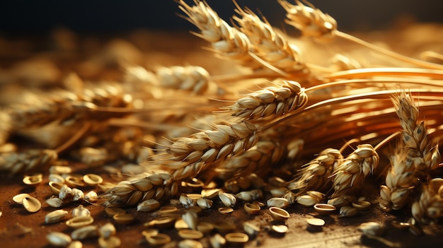 wheat ears in a wooden box wheat grains