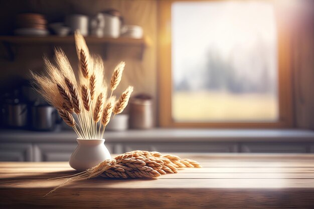 Wheat Ears on Wooden Table Generative AI