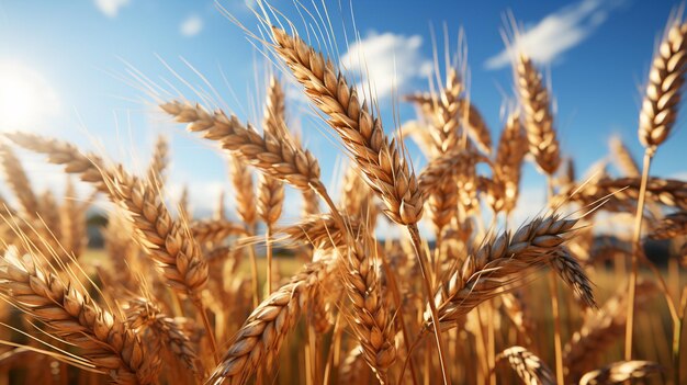 Wheat field against a blue sky with clouds