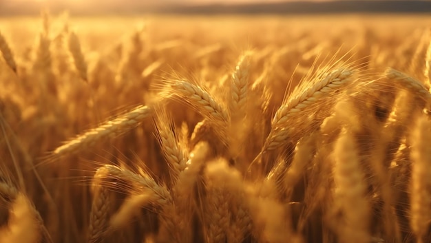 Wheat field Ears of golden wheat close up Beautiful Nature Sunset Landscape Rural Scenery under S