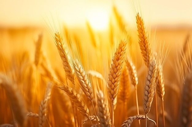 小麦畑の金色の小麦の耳を閉じる 美しい自然の夕暮れの風景