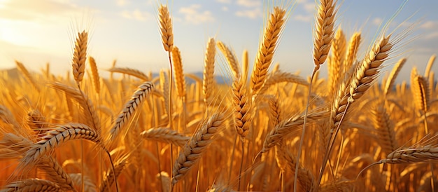 Wheat field Ears of golden wheat close up Rich harvest concept