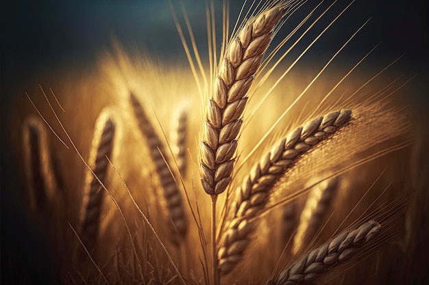 小麦畑。黄金の小麦のクローズアップの耳。収穫の概念