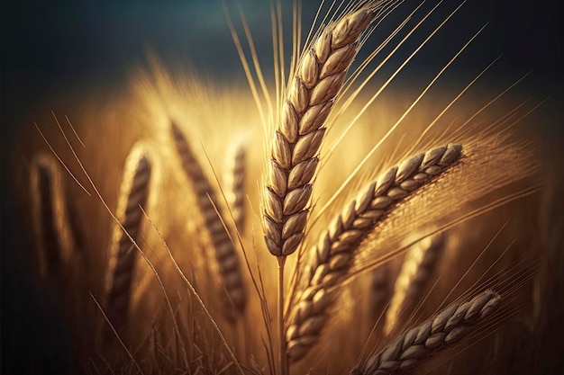 Wheat field. Ears of golden wheat closeup. Harvest concept