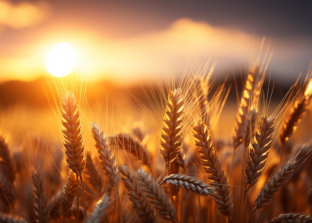 Wheat field Ears of wheat on blurry sunset background