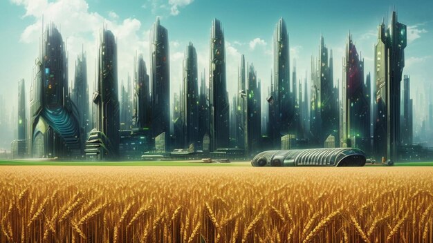 Foto campo di grano in una città futuristica del mondo futuro