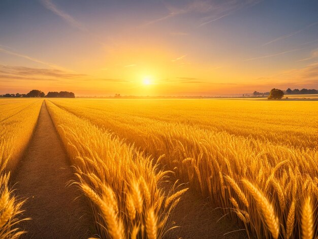 Wheat field ripe grains and stems wheat on the background dramatic sunset season agricultures grain