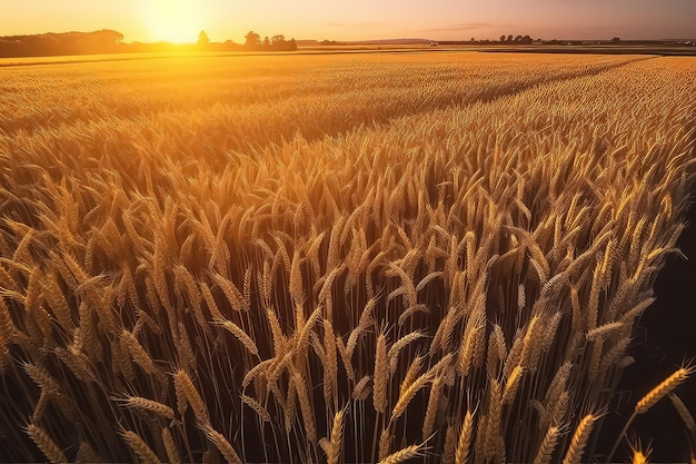 Wheat field at sunset in sunlight