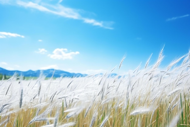 Wheat field with blue sky and mountains in the background soft focus