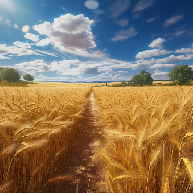 a wheat field with a dirt road in the background and a blue sky with clouds.