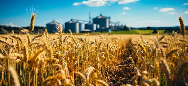 Foto un campo di grano con una fabbrica sullo sfondo un pittoresco campo di grano con un affascinante edificio sullo sfondo