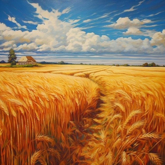 a wheat field with a house in the background