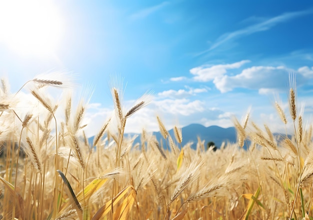 a wheat field with a mountain in the background