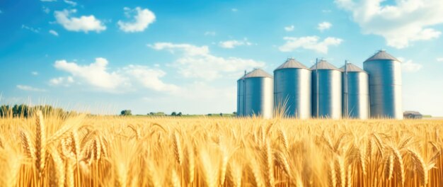 Wheat field with silos agricultural production storage agricultural idea