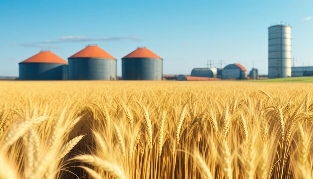 Wheat field with silos agricultural production storage agricultural idea