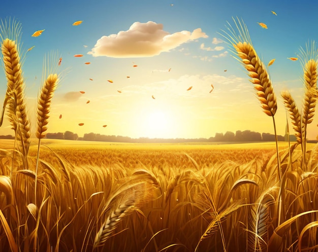 a wheat field with the sun setting behind it