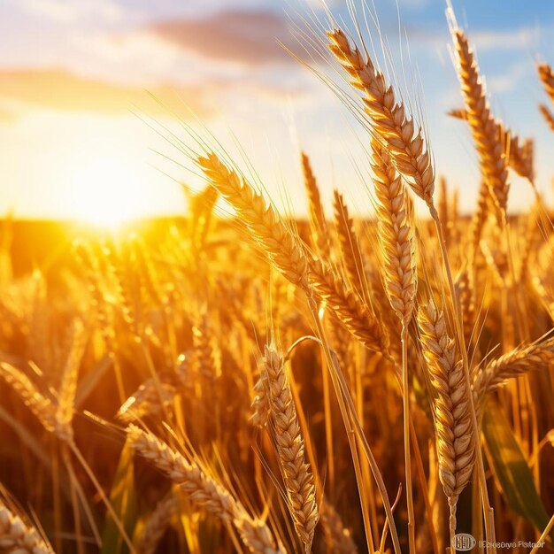 Photo a wheat field with the sun setting behind it