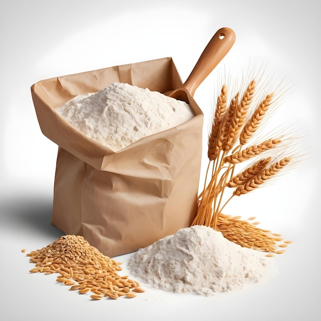 wheat flour paper bag and wooden scoop