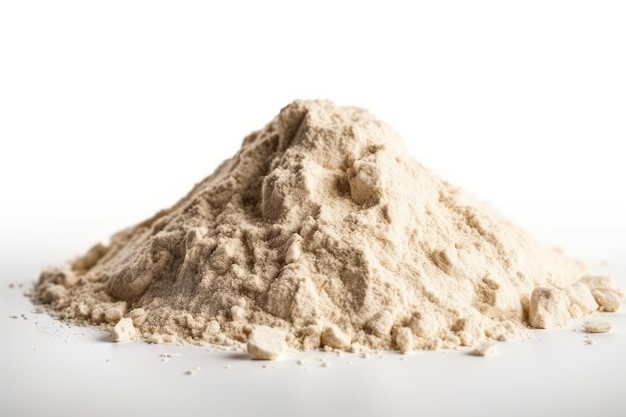 Wheat flour pile on a white background isolated looking up Lay flat