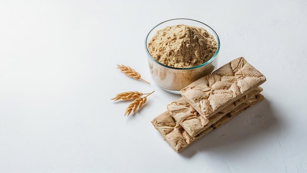 Wheat flour and wheat bars on a white background