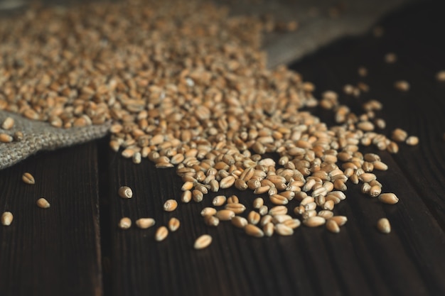 Wheat grains are scattered on the wooden table