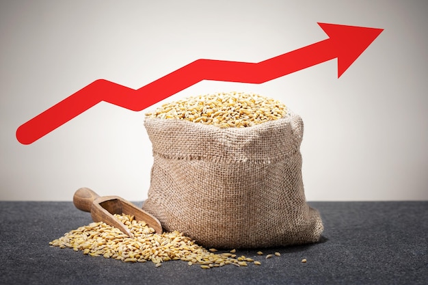 価格が上昇する矢印の付いた袋に入った小麦粒供給小麦の概念